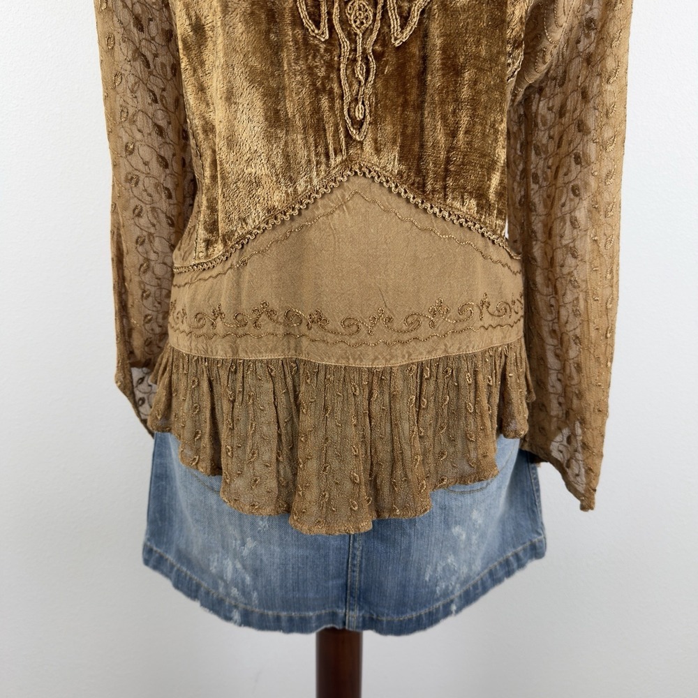 VTG Just Cruising Top Womens L* Yellow Embroidered Tie Back Hippie Boho Festival - Picture 4 of 15